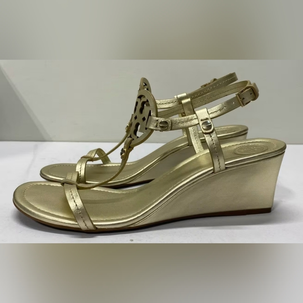 Tory Burch Designer Amanda Gold Wedge Sandal Heel 9